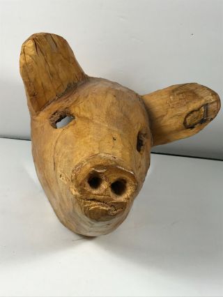 Vintage Folk Art Wood Wooden Carved Pig Hog Mask Face Head Halloween Saw