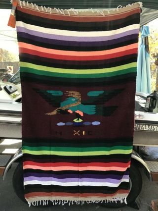 Vintage Mexican Sarape Wool Rug Blanket Huge Bright