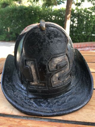 Rare Leather Boston Fire Department Engine Co.  12 Helmet 1940 