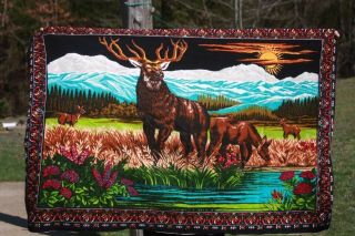 Vintage Tapestry Deer Buck Mountain Scene 54x36 Black Lodge Cabin Decor