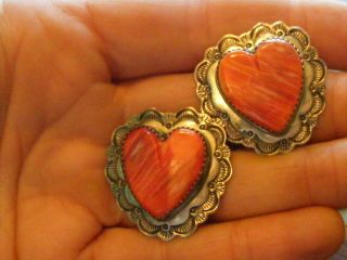 Vintage Navajo Earrings Sterling Silver Red Spiny Oyster Jb Begay Tooled Heart