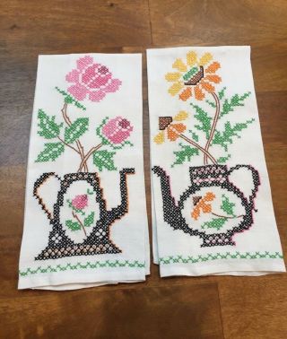 Vintage Embroidered Linen Hand Tea Dish Towels With Teapots & Flowers Pair