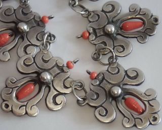 Unusual Vintage Art Deco Mexico Sterling Silver Coral Glass Necklace