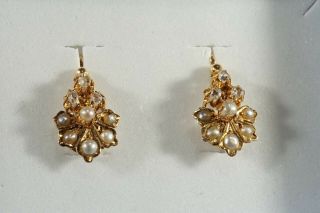 Antique French Victorian 18k Gold Rose Cut Diamonds And Pearls Earrings
