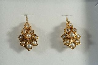 ANTIQUE FRENCH VICTORIAN 18K GOLD ROSE CUT DIAMONDS AND PEARLS EARRINGS 2