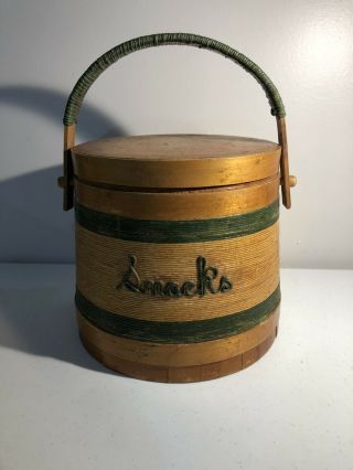 Vintage Wooden Firkin Style Bucket Labeled Snacks Green Handle Round Primitive