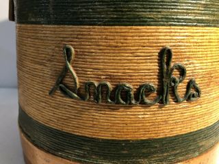 Vintage Wooden Firkin Style Bucket Labeled Snacks Green Handle Round Primitive 2
