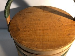 Vintage Wooden Firkin Style Bucket Labeled Snacks Green Handle Round Primitive 3
