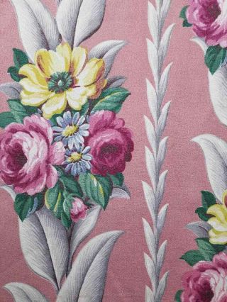 Vintage Midcentury Barkcloth Fabric Panel Soft Pink Teal White Yellow Floral