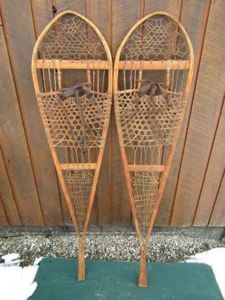 Vintage Set Of Snowshoes 58 " Long By 14 " Wide With Leather Bindings