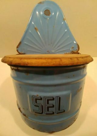 Antique Enameled Metal Salt Box With Wooden Lid - Belgium Sel - Wall Hanger Blue