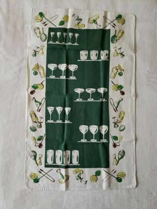Mid Century Vtg Linen Cocktail Bartender Bar Drinks Print Kitchen Tea Towel Euc