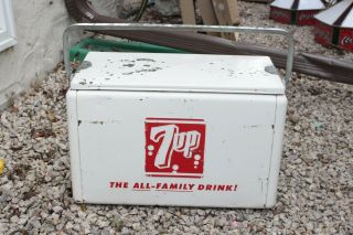 Vintage 7 Up Picnic Cooler Cronstroms " The All Family Drink " Metal 1950s A1