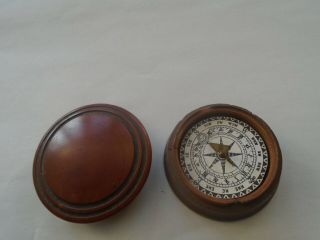 Interesting Antique Pocket Sundial Compass With Lovely Treen Case Unusual Curio