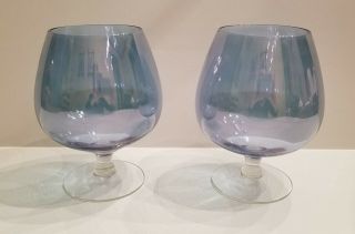 Vintage Large 6.  5” Blue Glass With Clear Stem Brandy Snifter Set Of 2 Glasses