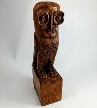Vintage Folk Art Solid Wood Hand Carved Owl Hardwood 12 " Tall