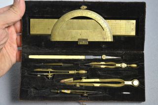 Ca 1800 Brass Drafting Set Drawing Instruments Marked Klc W Crown Ar Afm