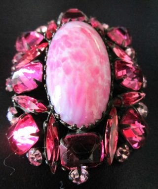 Schreiner Pretty In Pink Mottled Cabochon Rhinestone Vintage Pin