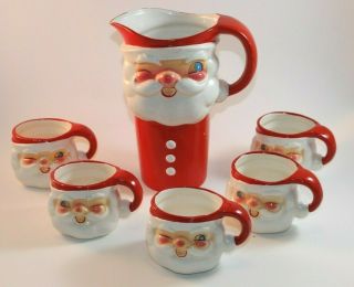 Vintage Holt Howard Christmas Winking Santa Claus Ceramic Pitcher Cups 1960 H H