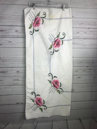 Vintage Floral Cross Stitch Tablecloth 36 " X 40 " Has Spots Pink Green