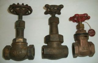 3 Vintage Brass Gate Water Valves - - Cast Iron Handles - - Steampunk