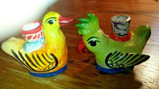 Two Vintage Mexican Folk Art Candle Holders Pottery Duck & Parrot Marked