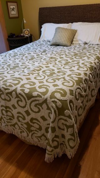 Vintage Olive Green And White Chenille Bedspread.