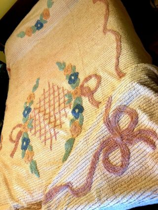 Vintage Chenille Bedspread With Floral And Bow Detail Full Size