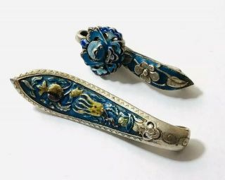 Art Deco Chinese Oriental Export Silver Enamel Hair Clips,  Sterling