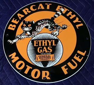 Vintage Bearcat Ethyl Gasoline Porcelain Sign Gas Oil Service Station Pump Plate
