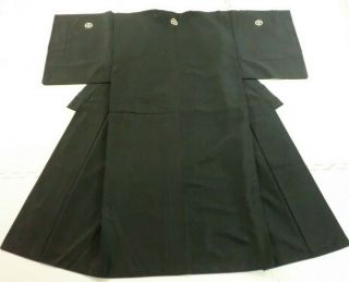 Japanese Vintage Kimono,  Silk,  Black,  Simple,  Family Crest P031928
