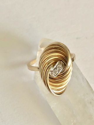 Vintage 14k Yellow Gold And Diamond Modernist Swirl Ring