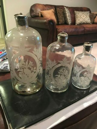 3 Set Etched Old Vintage Antique Pharmacy Apothecary Medical Glass Bottle