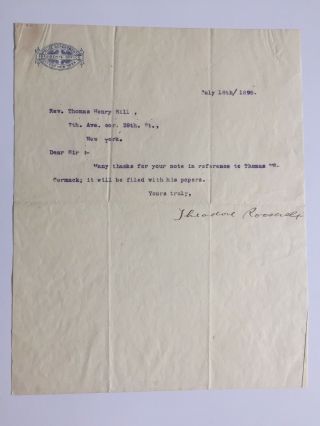 1895 President Theodore Roosevelt Typed Signed Letter As Police Commissioner Tls