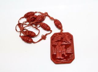 A Fine Chinese Antique Art Deco Carved Cinnabar Lacquer Painted Necklace 15786