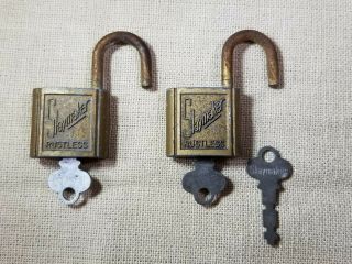 2 Vintage Brass Slaymaker " Rustless " Pad Lock W/ Keys Locks 2 " High Usa
