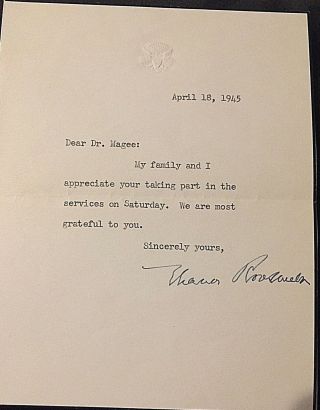 1945 Eleanor Roosevelt Fdr Funeral Invite & Signed Ty Letter To Presiding Clergy
