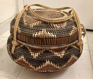 Vintage Native American Indian Navajo Handmade Leather Basket W/ Lid & Handles