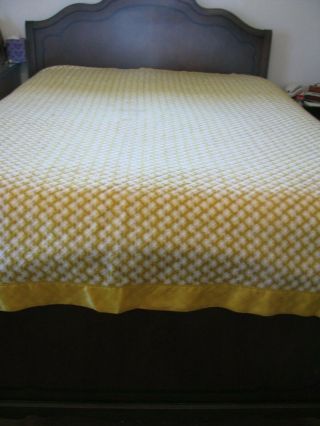 Vintage Yellow White Star Wool Camp Blanket Satin Binding Full Size