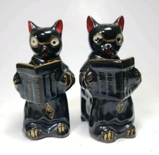 Vintage Black Cats Anthropomorphic Salt Pepper Shaker Reading Books Japan