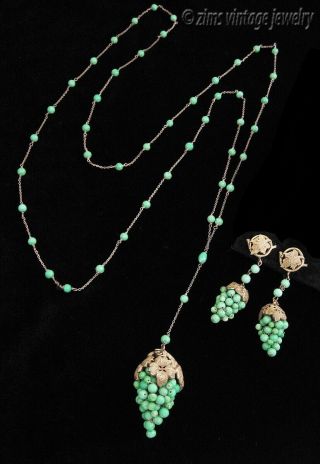 Art Deco Czech Peking Glass Grapes Silver Gold Long Necklace & Dangle Earrings