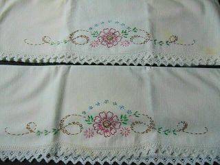 Vtg 2 Pillowcases Hand Embroidered Floral Crocheted Edge Pillow Tubing