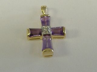 Vintage 14 K Gold Natural Amethyst And Diamond Accent Cross