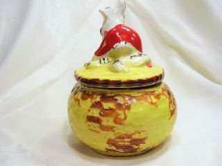VINTAGE ANTIQUE HULL POTTERY LITTLE RED RIDING HOOD BIG BAD WOLF GREASE JAR YELO 2