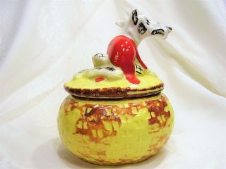 VINTAGE ANTIQUE HULL POTTERY LITTLE RED RIDING HOOD BIG BAD WOLF GREASE JAR YELO 3