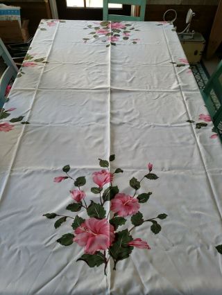 Vintage California Hand Prints ? Tablecloth Pink Floral Hibiscus Flowers