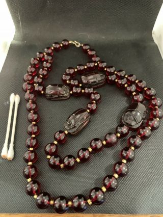One Of A Kind Egyptian Revival Cherry Amber Bakelite Necklace 124.  3g