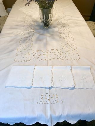 Vintage Crisp White On White Cutwork Tablecloth Large 60 X 80,  8 Napkins,