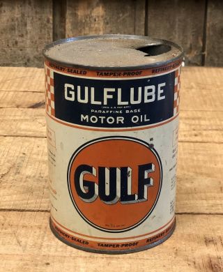 Vintage Gulf Gulfpride Motor Oil 1 Qt Gas Service Station Tin Can Sign