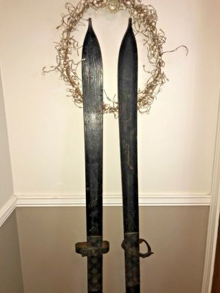 Antique Wooden Skis W/ Points And Leather Straps Cabin Winter Decor